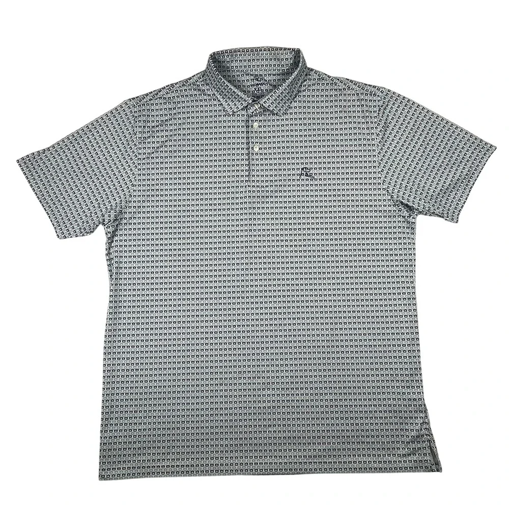 Rhoback Polo Shirt Mens XXL White‎ Navy Teal Crown Print Performance Golf Preppy